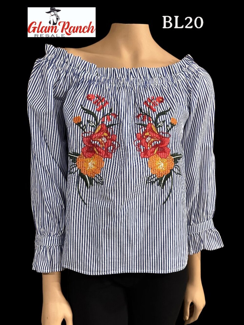 VGC Flying Tomato Off The Shoulder Pinstripe Embroidered Blouse Size Small